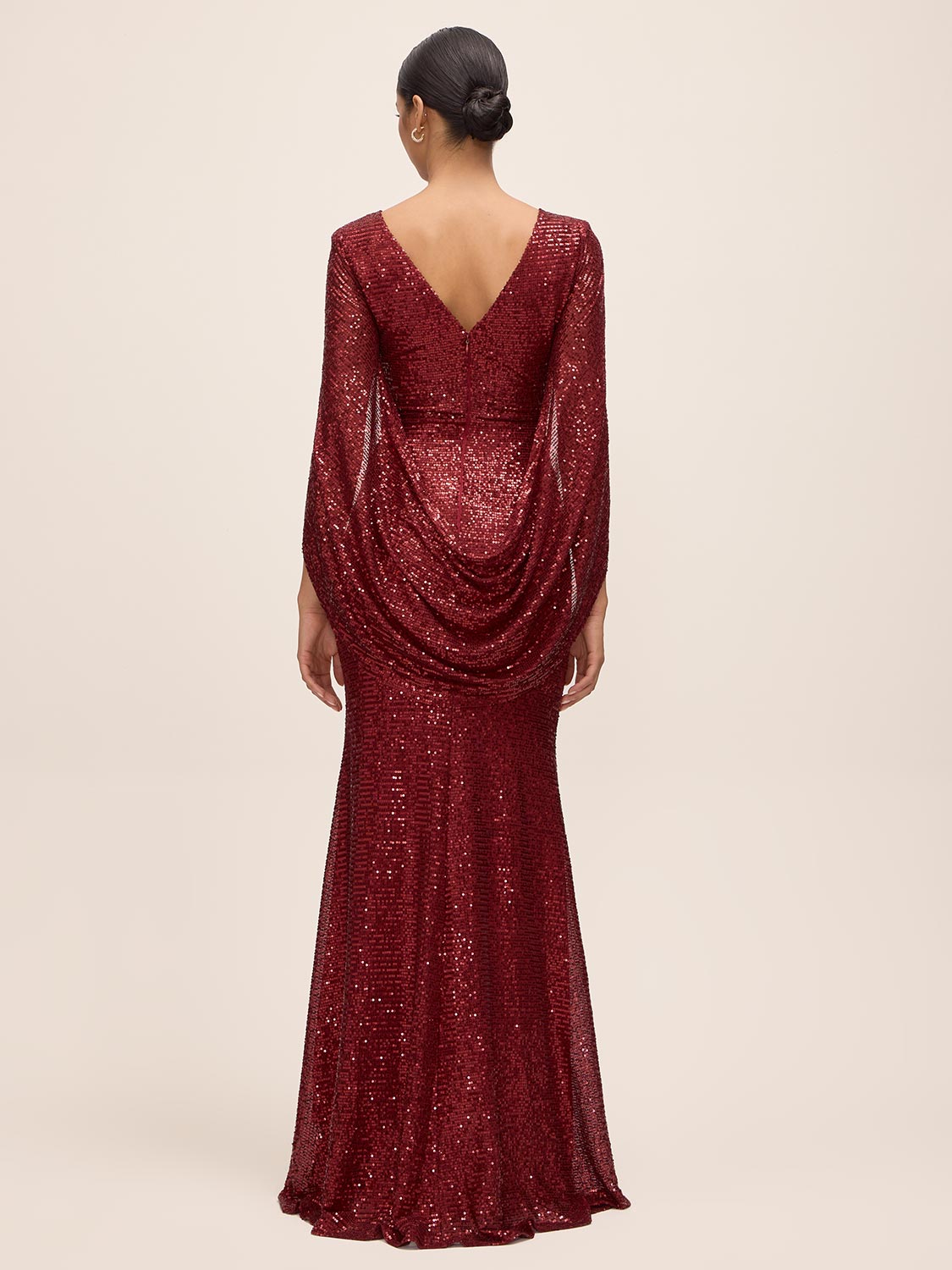Burgundy Sequin Mesh Gown with Cape - Back View - Le Chateau