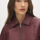 Merlot Vegan Leather Shorts with Front Zipper - Close-up Collar Detail - Suzy Shier