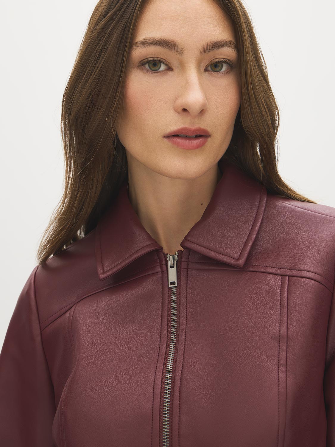 Merlot Vegan Leather Shorts with Front Zipper - Close-up Collar Detail - Suzy Shier