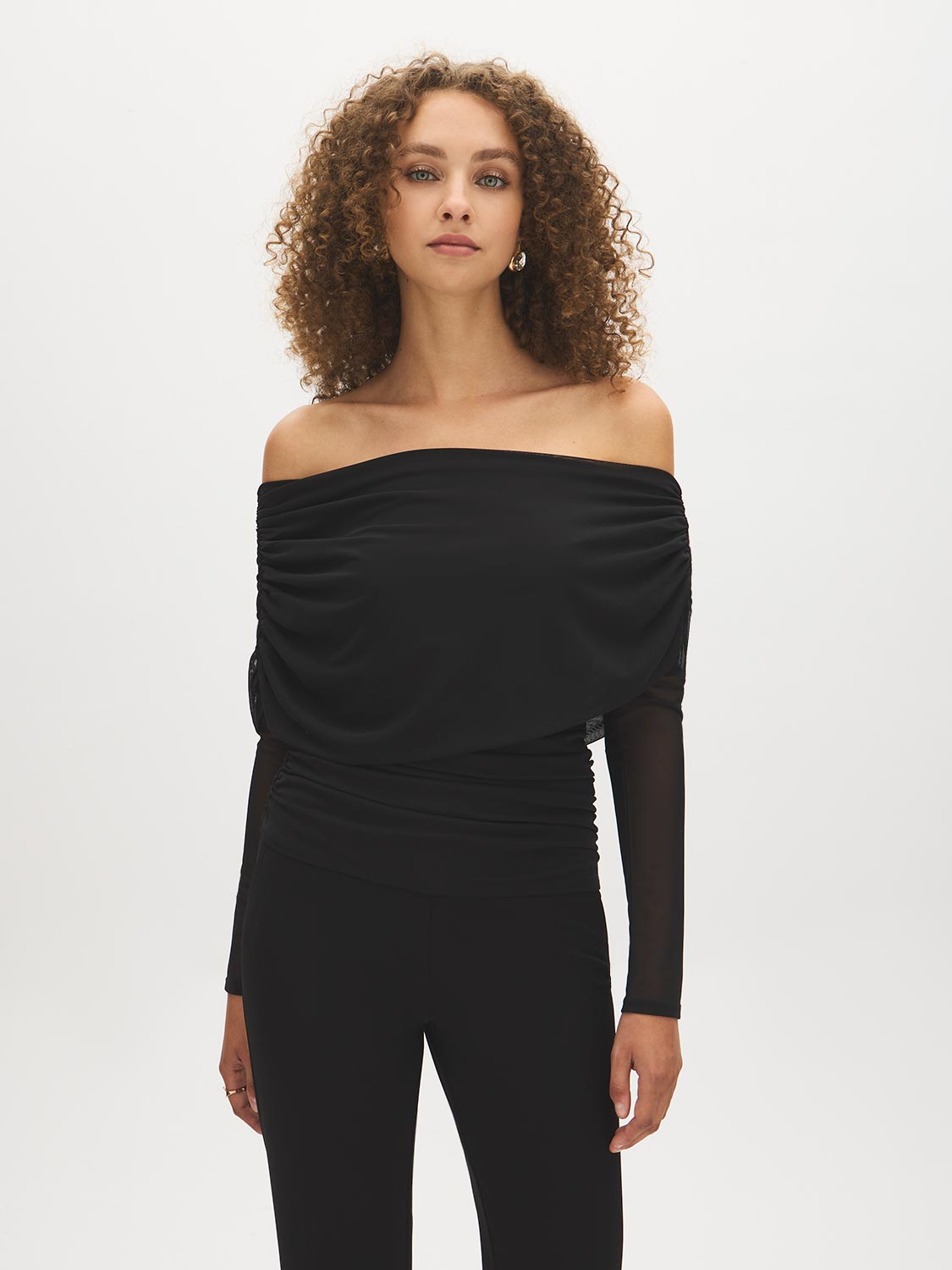 Jet Black Mesh Asymmetrical Cape Top - Front View - Suzy Shier