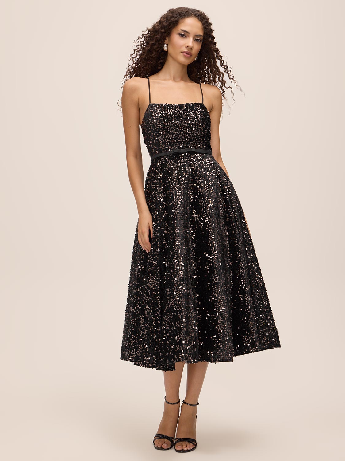 Charcoal Velvet Sequin Fit & Flare Midi Dress - Front View - Le Chateau