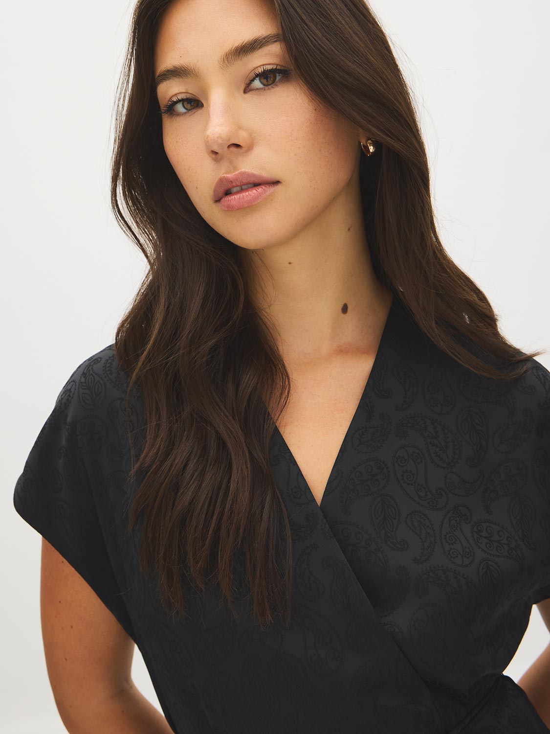 Black Kimono Wrap Blouse with Waist Tie - Close-up Fabric Detail - Suzy Shier