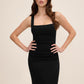 Black Square Neck Knit Crepe Gown with Wrap Skirt - Woman Wearing Elegant Evening Dress - Le Chateau