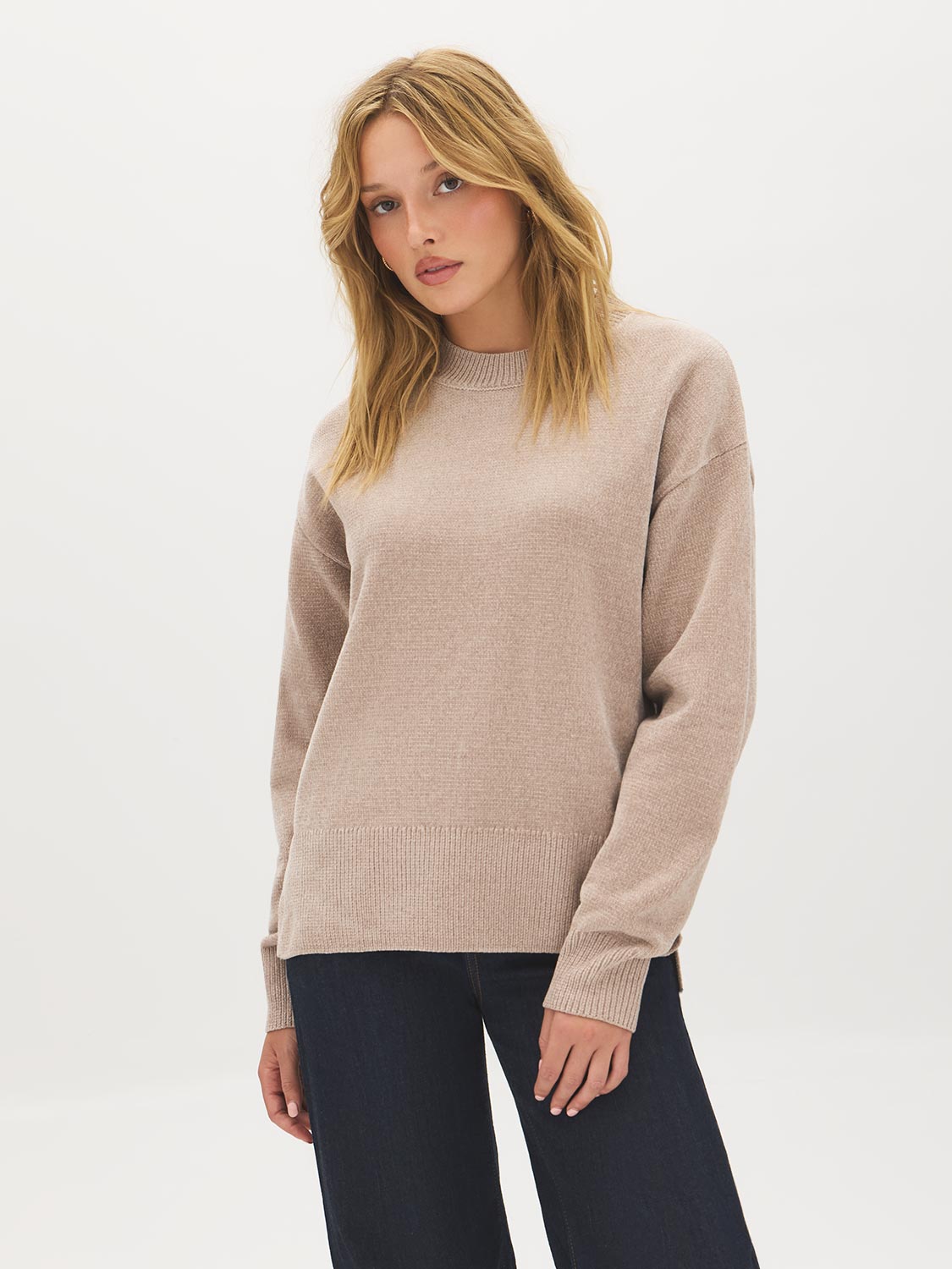 Etherea Chenille Crew Neck Sweater with Side Slits - Woman Wearing Relaxed Knit Sweater - Suzy Shier