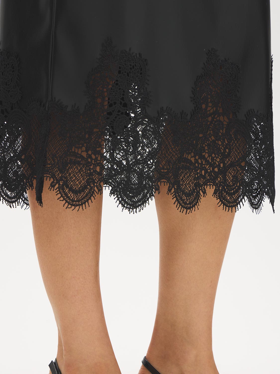 Black Faux Leather Midi Skirt with Lace Hem - Lace Hem Detail - Suzy Shier
