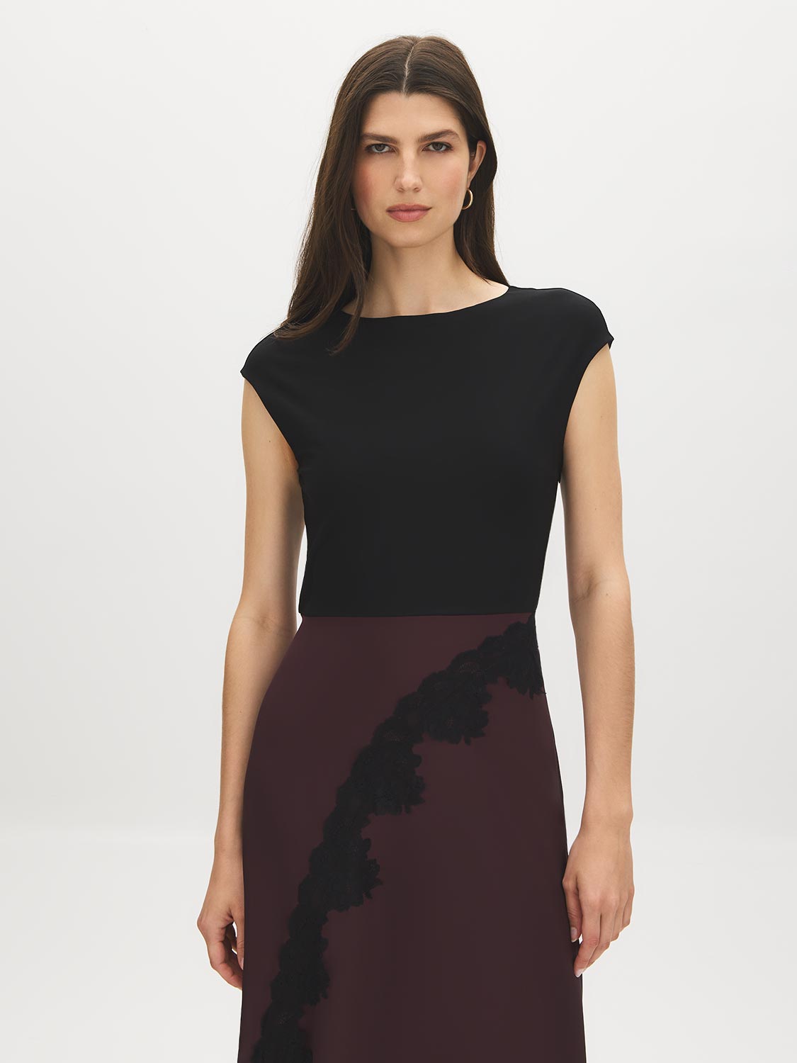 Jet Black/Winetasting Asymmetrical Satin Skirt Dress with Lace Detail - Woman Wearing Mixed-Media Dress - Suzy Shier