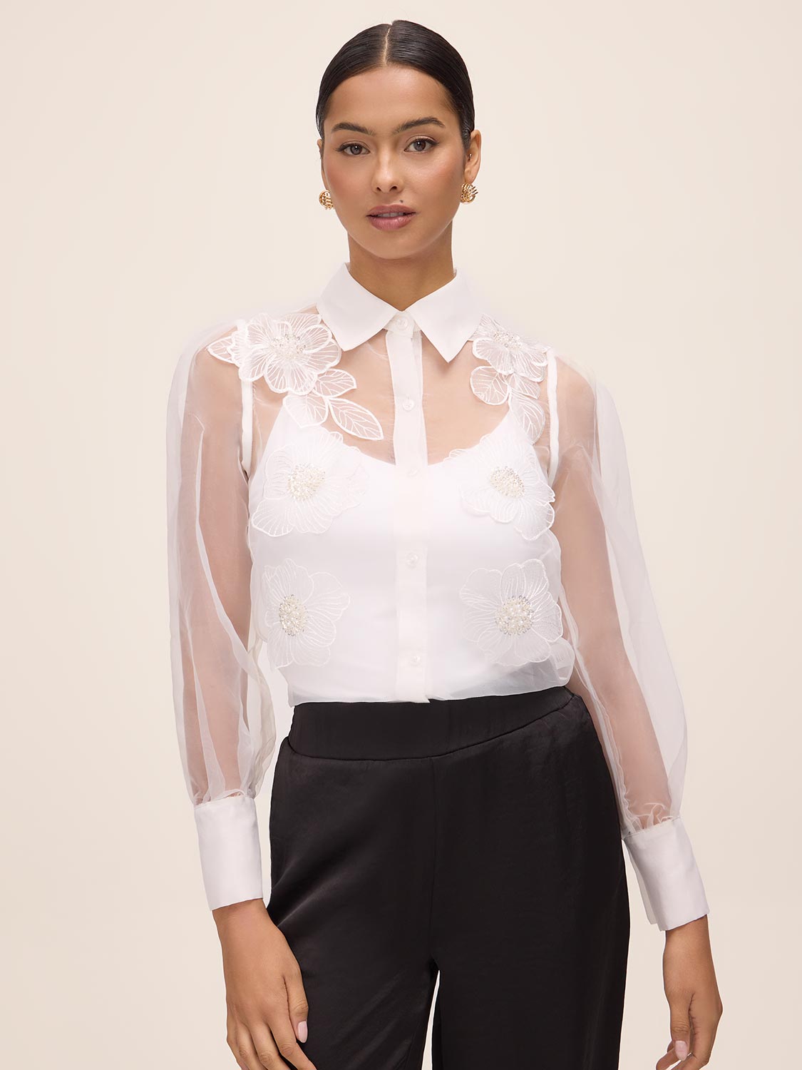 Off White Floral Appliqué Organza Blouse - Front View - Le Chateau