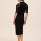 Black Knit Crepe Sheath Dress with Mesh Cape Overlay - Back View - Le Chateau