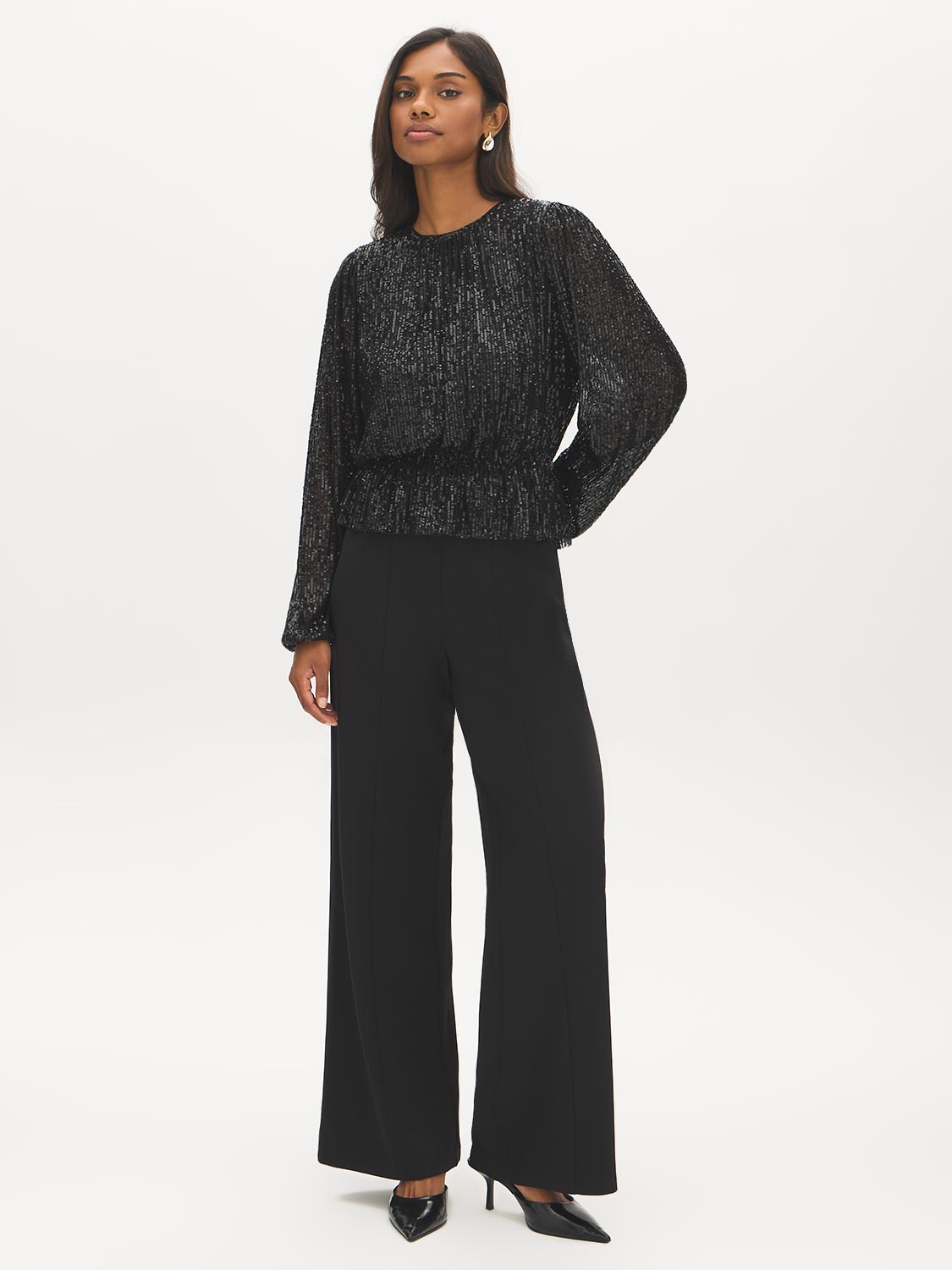 Black Sequin Top with Balloon Sleeves - Front View - Suzy Shier