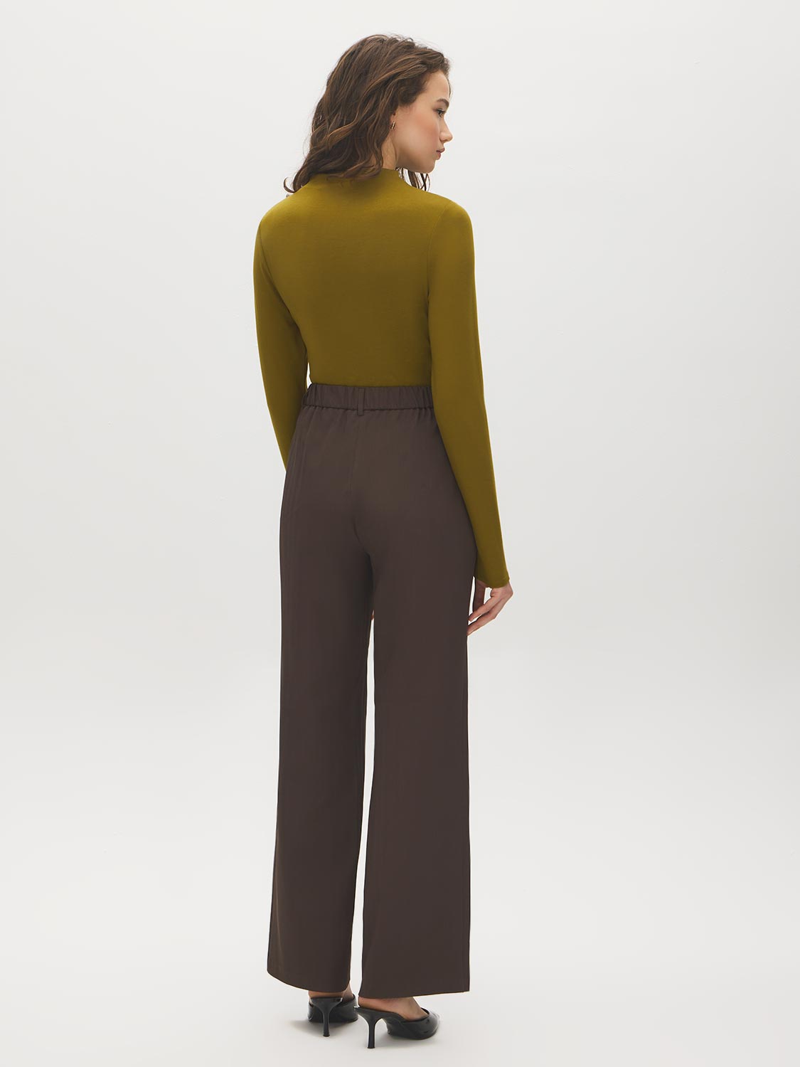Dark Brown Pull-On Wide-Leg Pants with Belt Loops - Back View - Suzy Shier