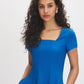 Classic Blue Square Neck Poplin Dress - Woman Wearing Cap Sleeve Dress with Paneled Detail - Suzy Shier