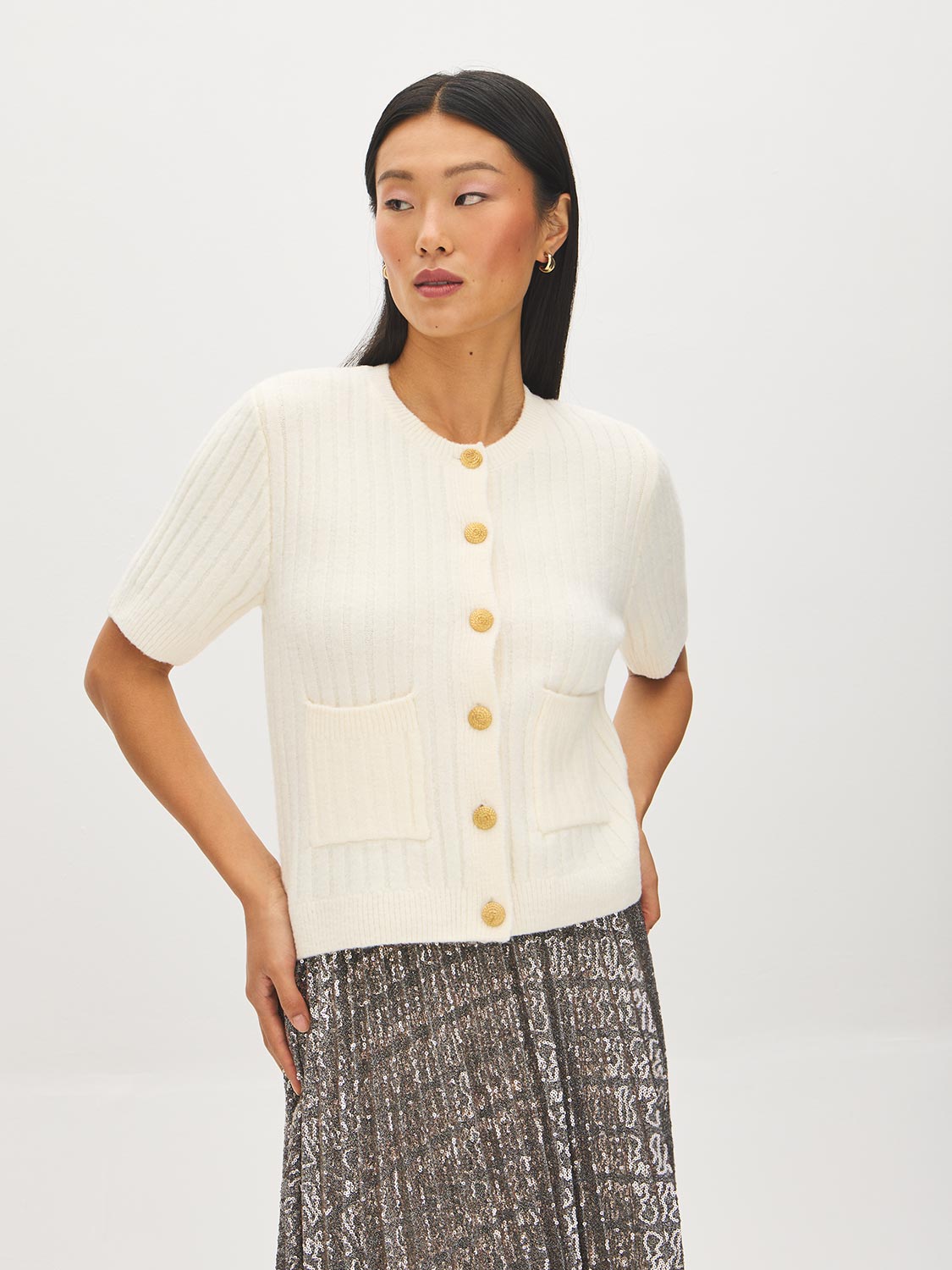 Snow White Short Sleeve Ribbed Button-Front Cardigan - Woman Wearing Knit Sweater - Suzy Shier