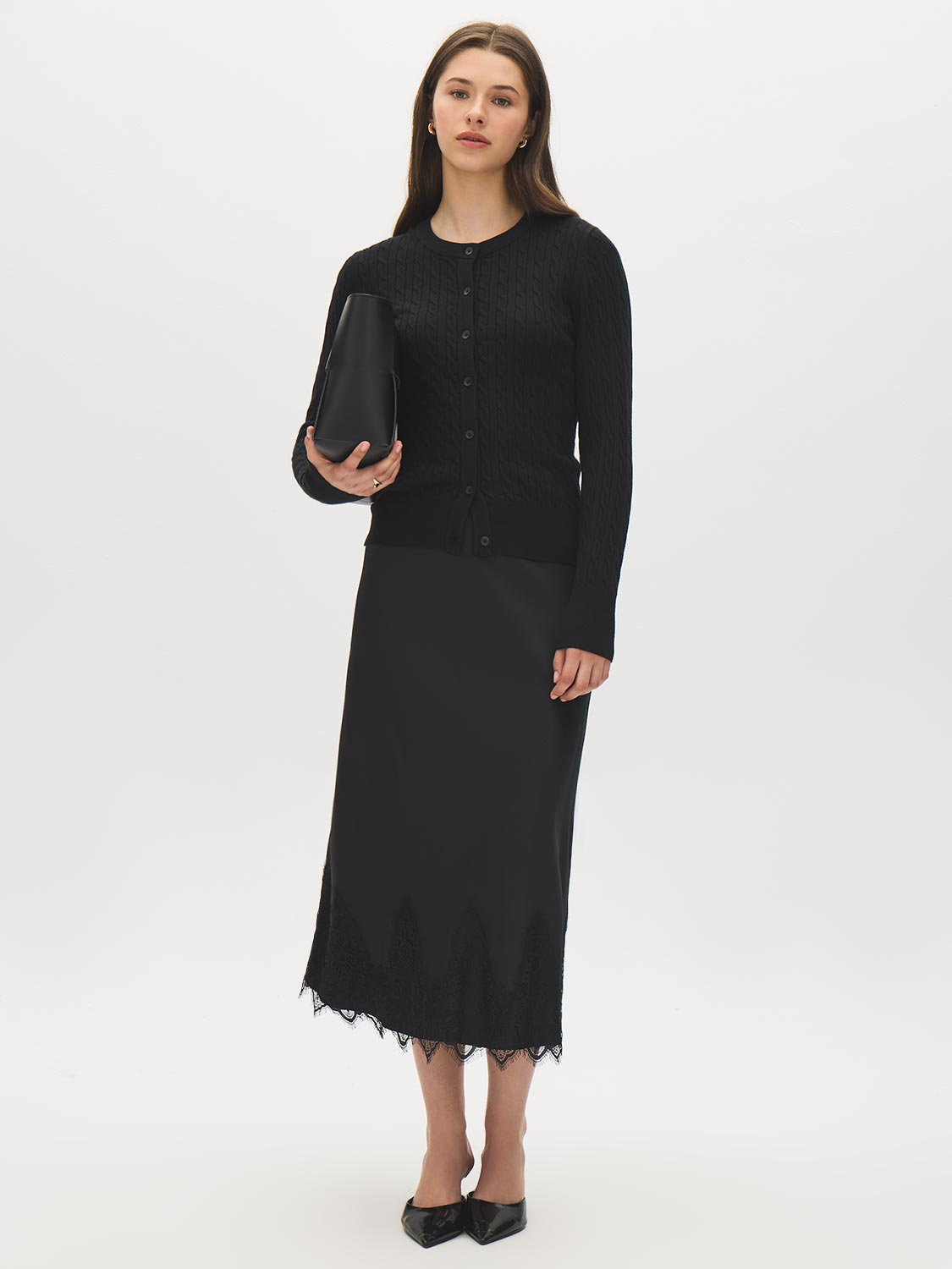 Black Cable Stitch Button-Front Cardigan - Front View - Suzy Shier