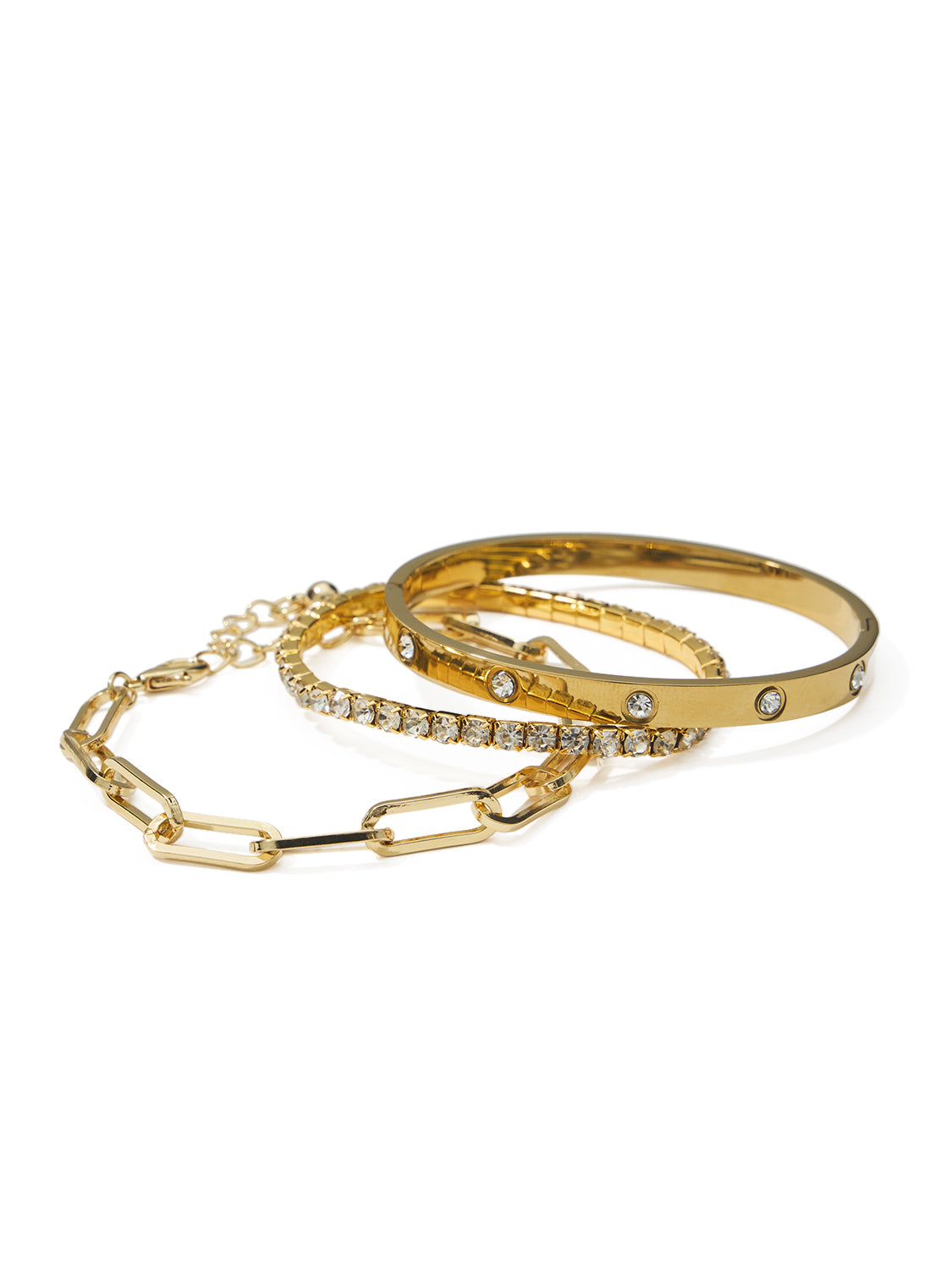 Gold Multi-Pack Bracelet Set - Close-up of Layered Gold Bracelets - Suzy Shier