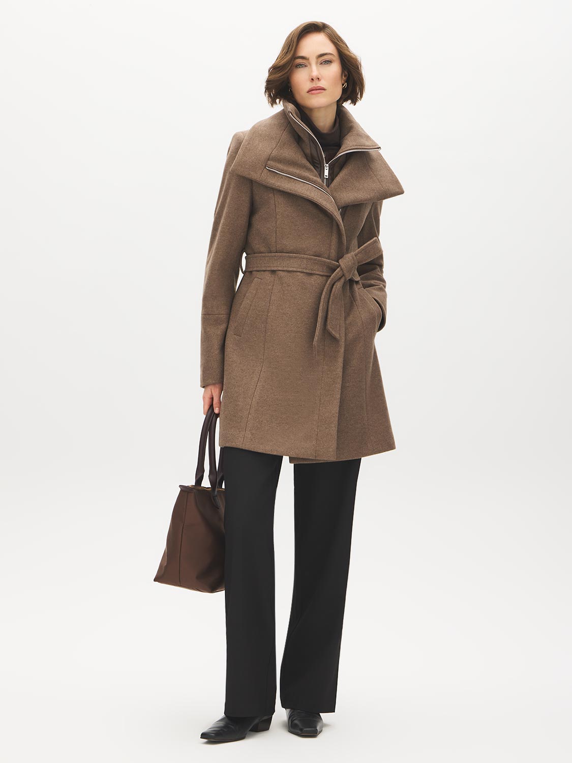Dark Charcoal Melange Double Collar Mid-Length Coat with Belt - Front View with Belt - Suzy Shier