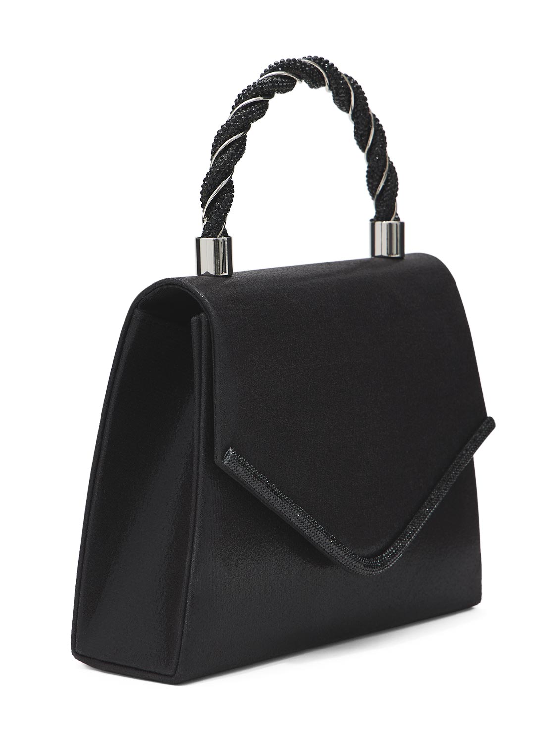 Black Woven Lurex Bag with Jeweled Top Handle - Side Profile View - Le Chateau