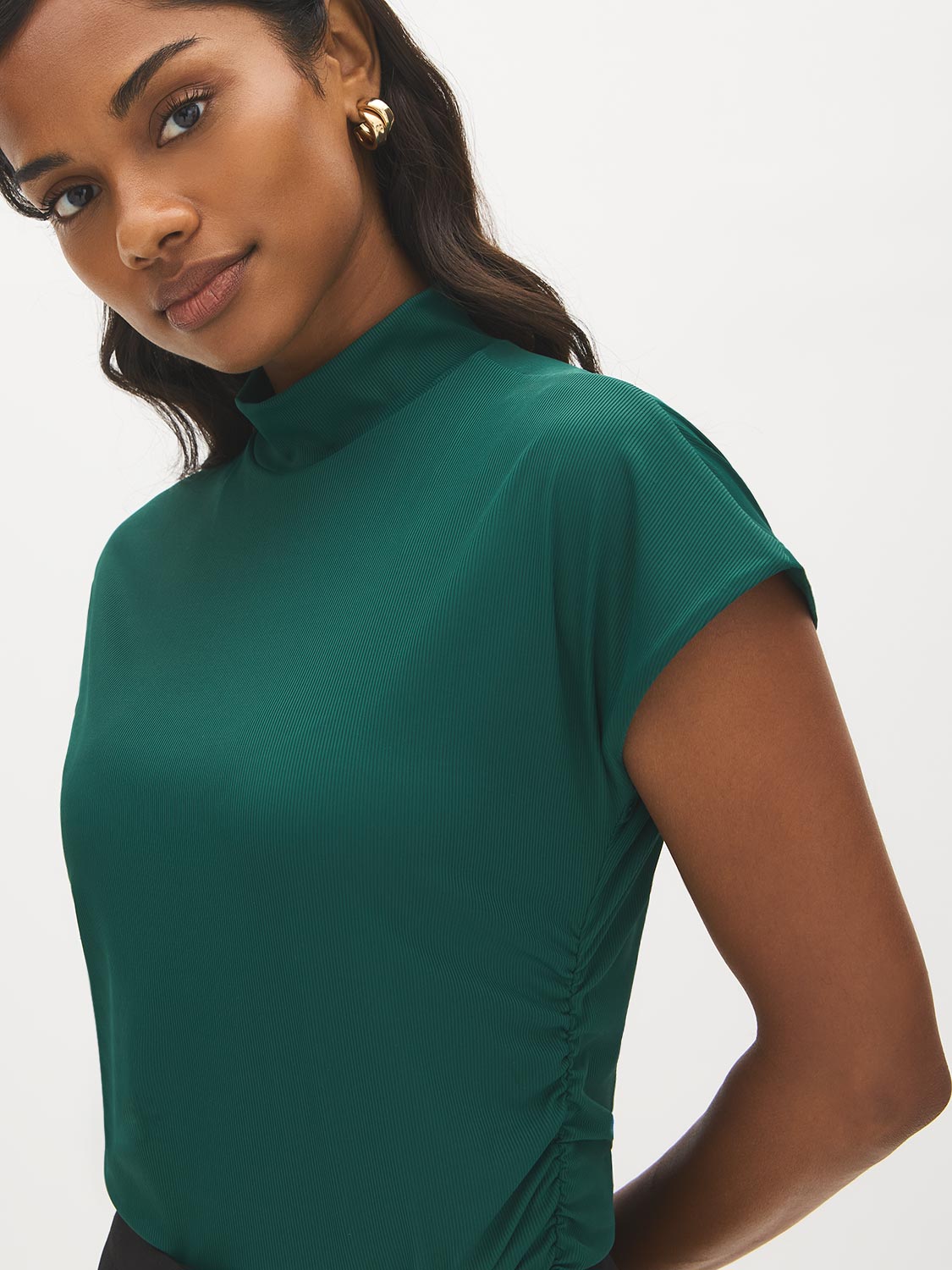 Forest Biome Ribbed Dolman Sleeve Mock Neck Top - Close-up Fabric Detail - Suzy Shier