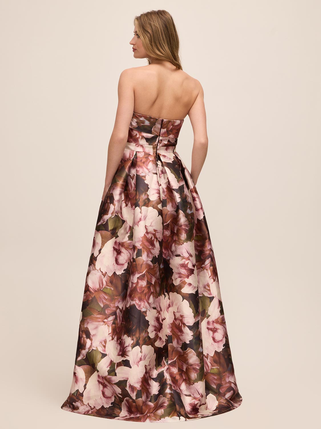 Black Cherry and Mauve Strapless Floral Print Ballgown - Back View - Le Chateau