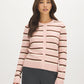 Pink/Brown/Ivory Striped Button-Front Cardigan - Woman Wearing Long Sleeve Knit Sweater - Suzy Shier