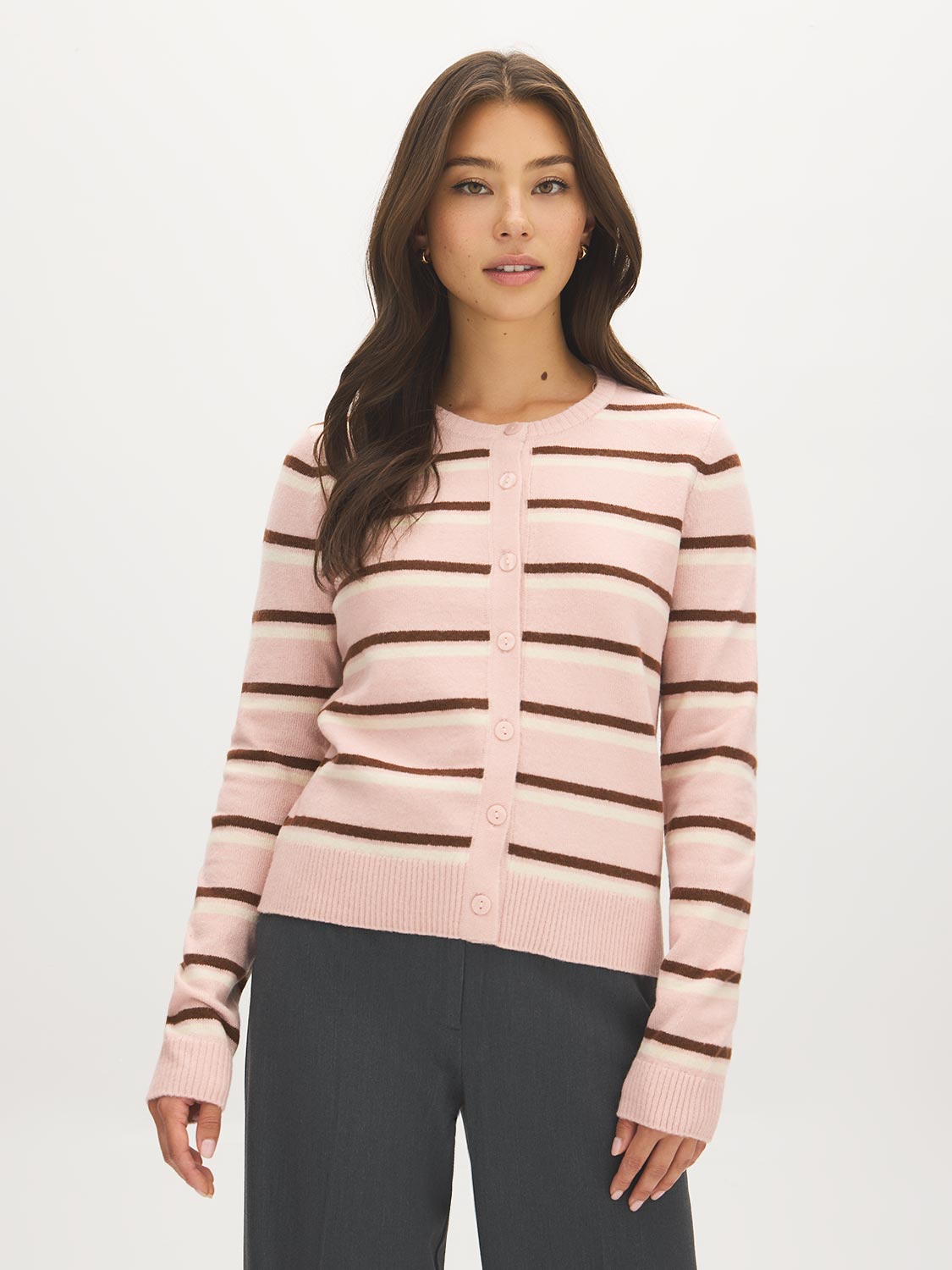 Pink/Brown/Ivory Striped Button-Front Cardigan - Woman Wearing Long Sleeve Knit Sweater - Suzy Shier
