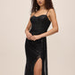 Black Sequin Mesh Gown with Bustier Upper - Front View - Le Chateau