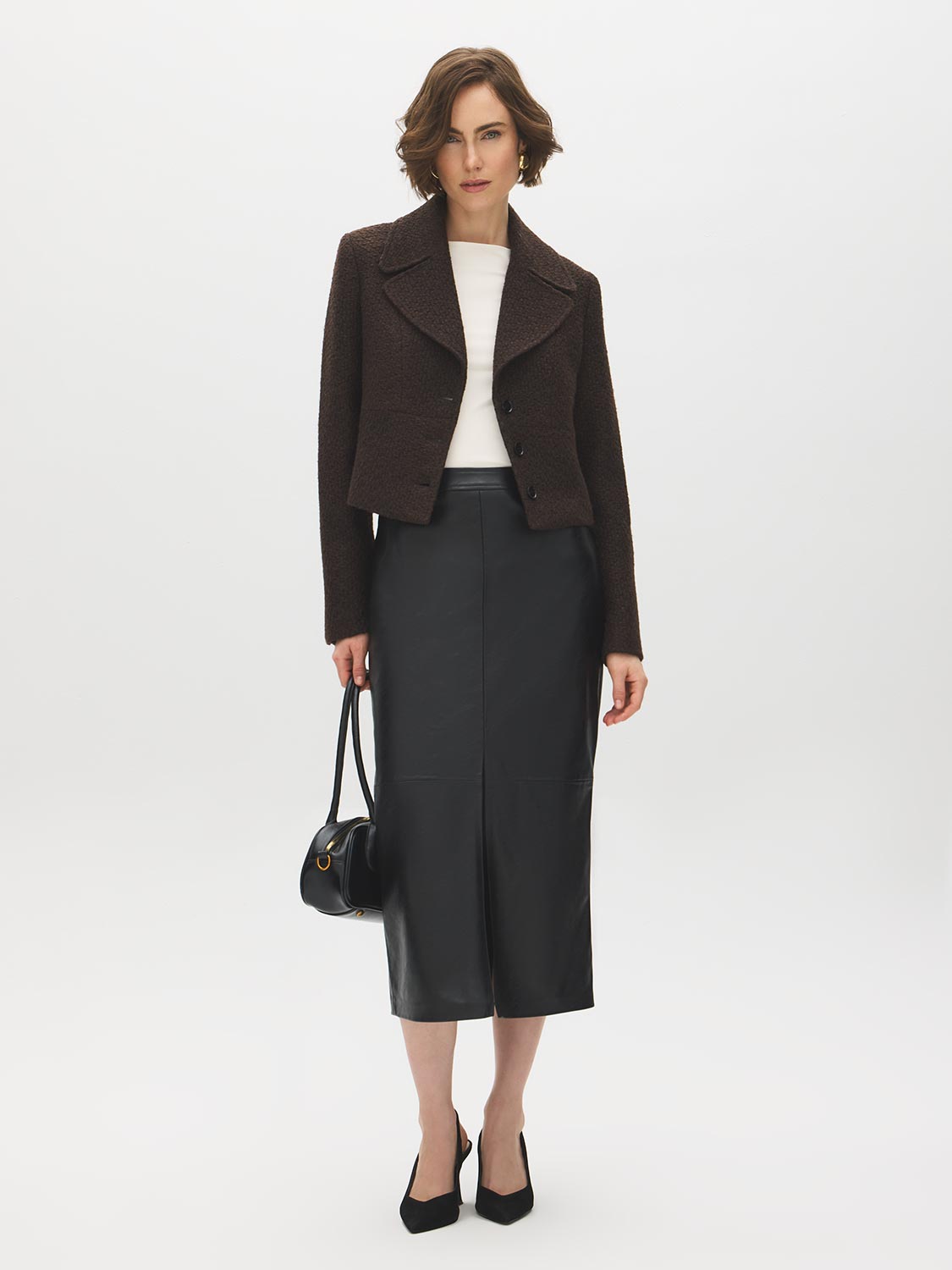 Brown Cropped Boucle Blazer with Large Collar - Front View - Suzy Shier