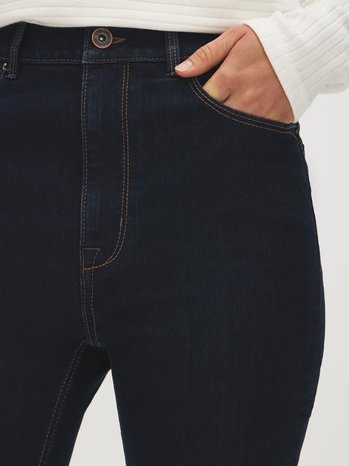 Indigo Rinse High-Rise Slim Leg Denim Pant - Close-up Pocket Detail - Suzy Shier