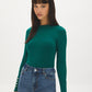 Dk Green Snap Button Sleeve Knit Sweater - Woman Wearing Crew Neck Sweater with Sleeve Detail - Suzy Shier