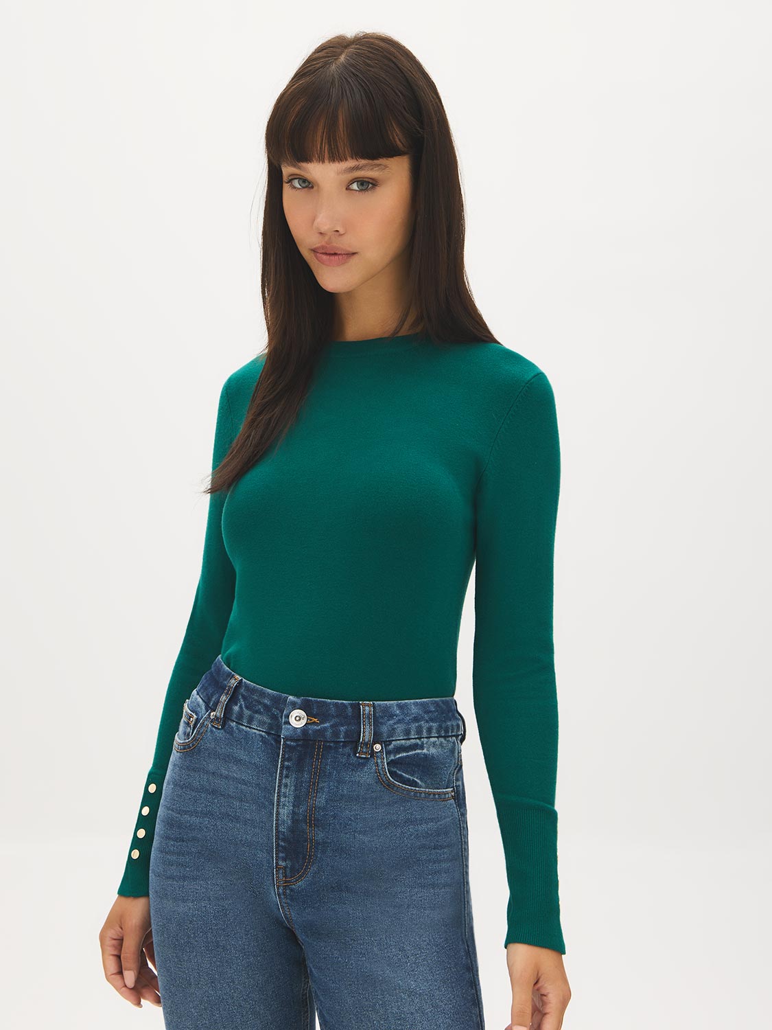 Dk Green Snap Button Sleeve Knit Sweater - Woman Wearing Crew Neck Sweater with Sleeve Detail - Suzy Shier