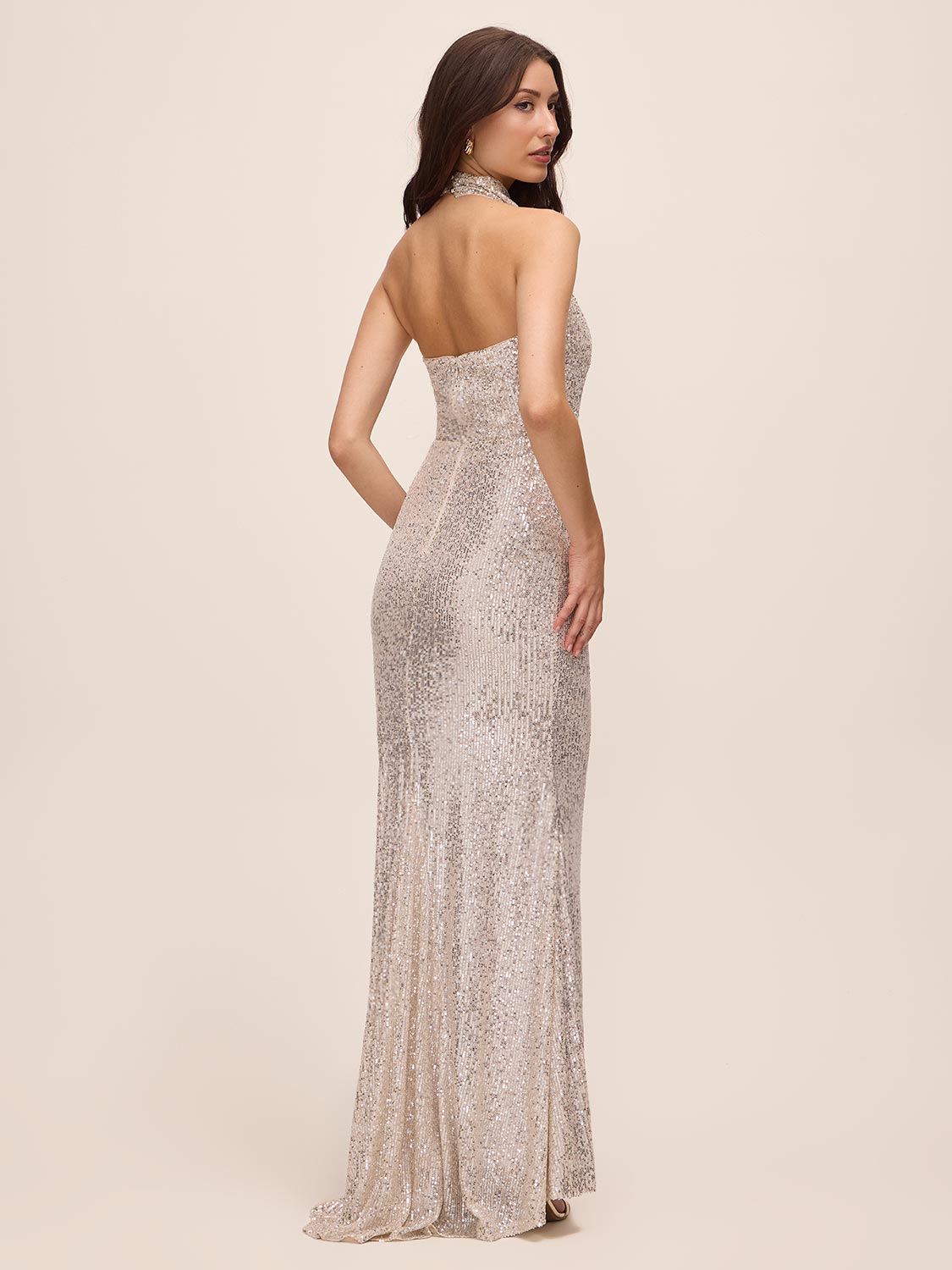 Silver/Champagne Cowl Neck Sequin Gown - Back View - Le Chateau