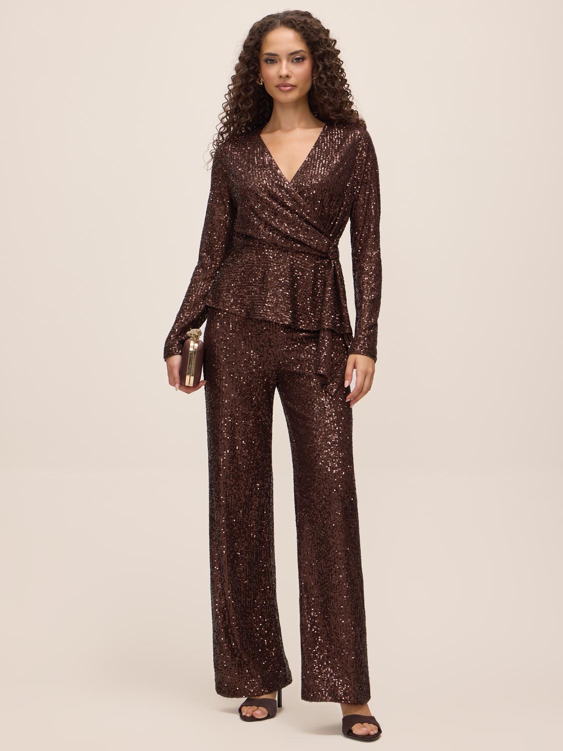 Espresso Sequin Wrap Top - Front View - Le Chateau