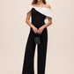 Black/White Asymmetrical Off-Shoulder Knit Jumpsuit - Woman Wearing Elegant Jumpsuit with Satin Bow - Le Chateau