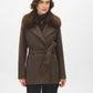 Dark Brown Melange Short Belted Faux Wool Coat - Front View with Faux Fur Collar - Suzy Shier