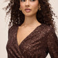 Espresso Sequin Wrap Top - Close-up Neckline Detail - Le Chateau