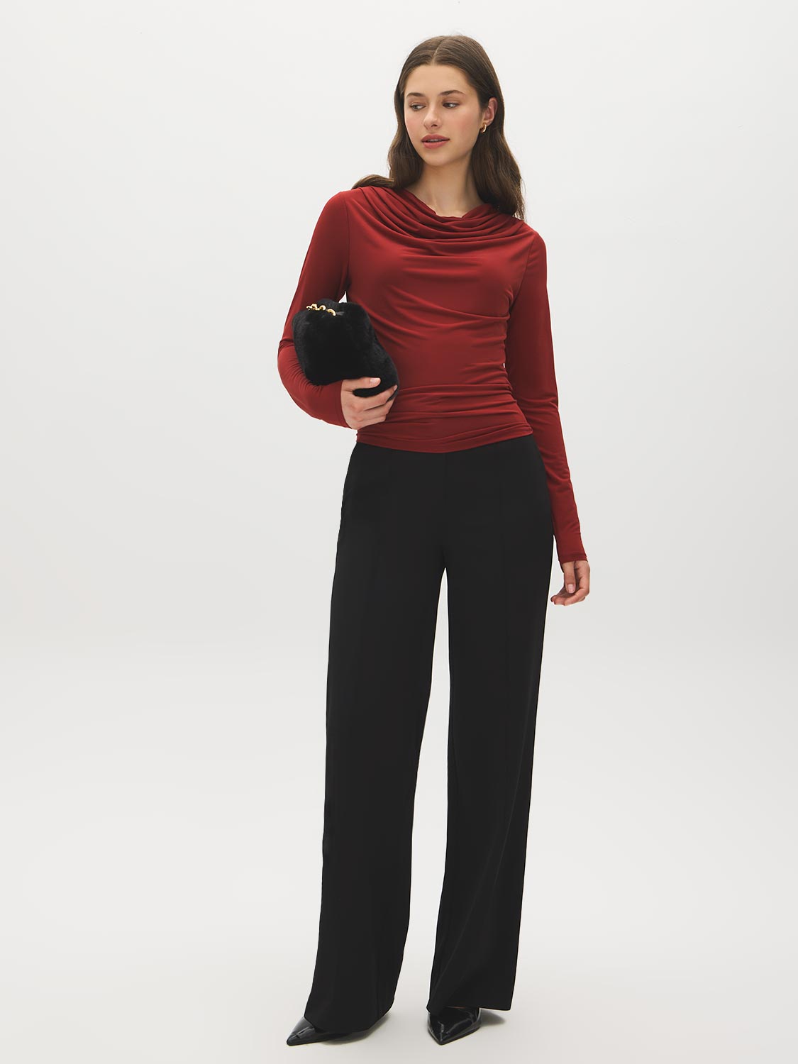 Rosewood Mesh Long Sleeve Cowl Neck Top - Front View - Suzy Shier