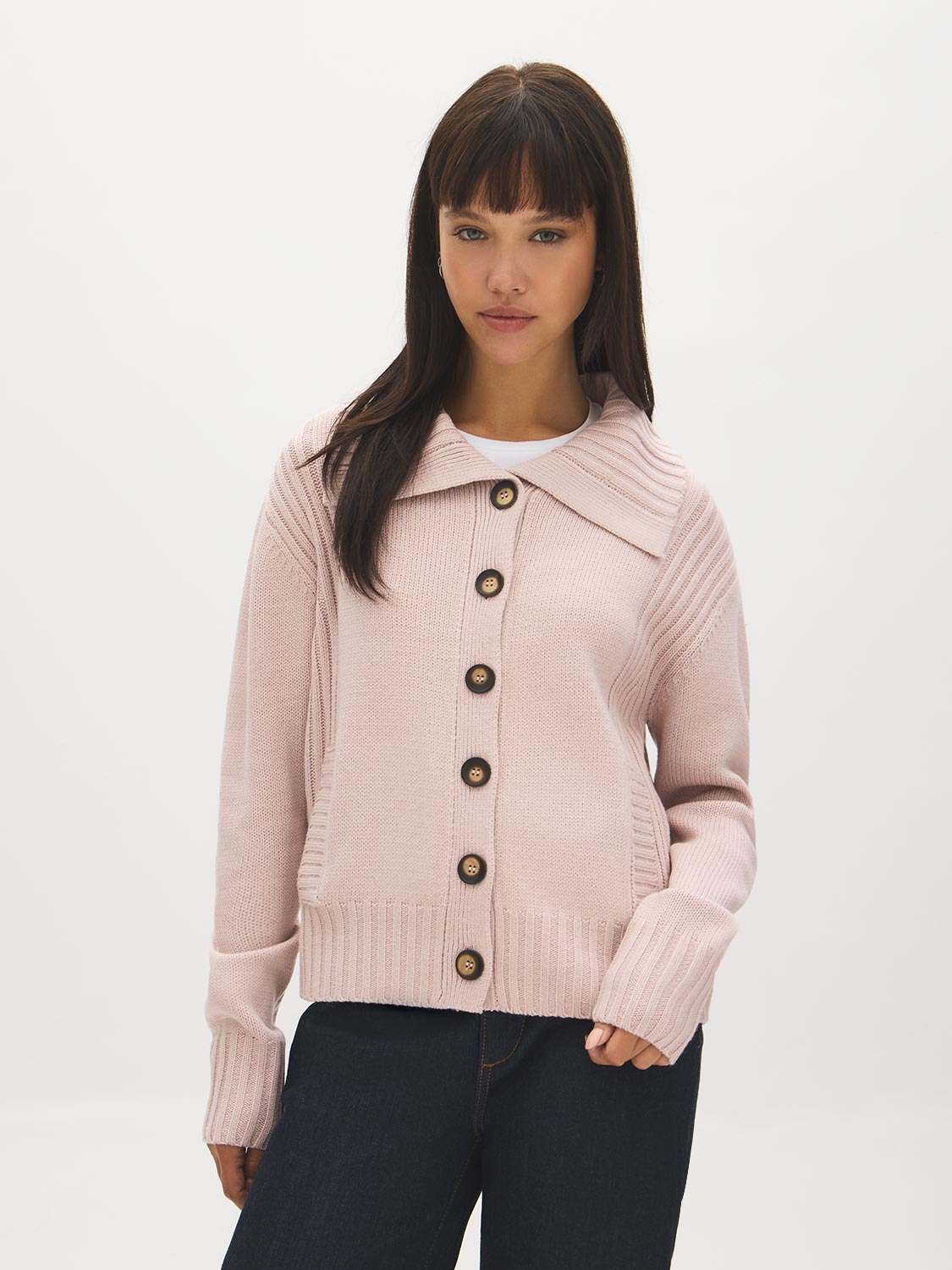 Burnish Lilac Wide Collar Button-Front Cardigan - Woman Wearing Ribbed Knit Sweater - Suzy Shier