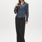 Navy Printed Satin V-Neck Blouse - Front View - Suzy Shier