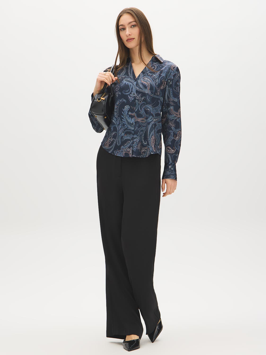 Navy Printed Satin V-Neck Blouse - Front View - Suzy Shier