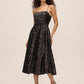Charcoal Velvet Sequin Fit & Flare Midi Dress - Woman Wearing Evening Dress with Sweetheart Neckline - Le Chateau