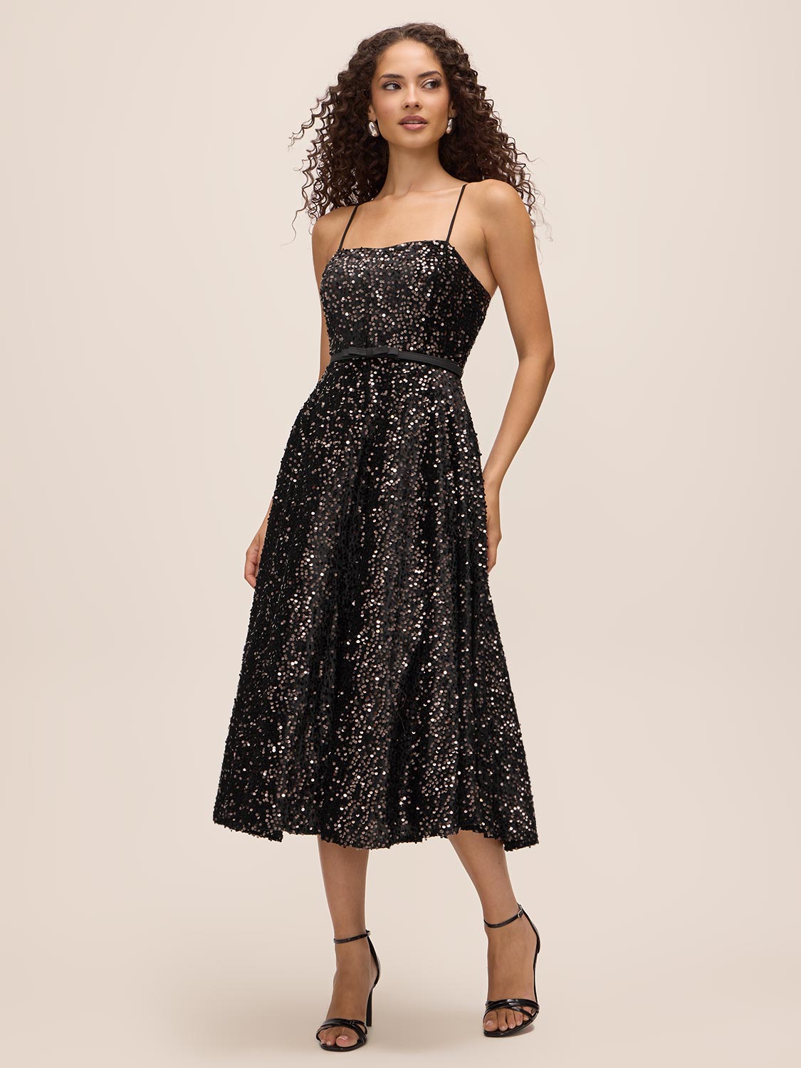 Charcoal Velvet Sequin Fit & Flare Midi Dress - Woman Wearing Evening Dress with Sweetheart Neckline - Le Chateau