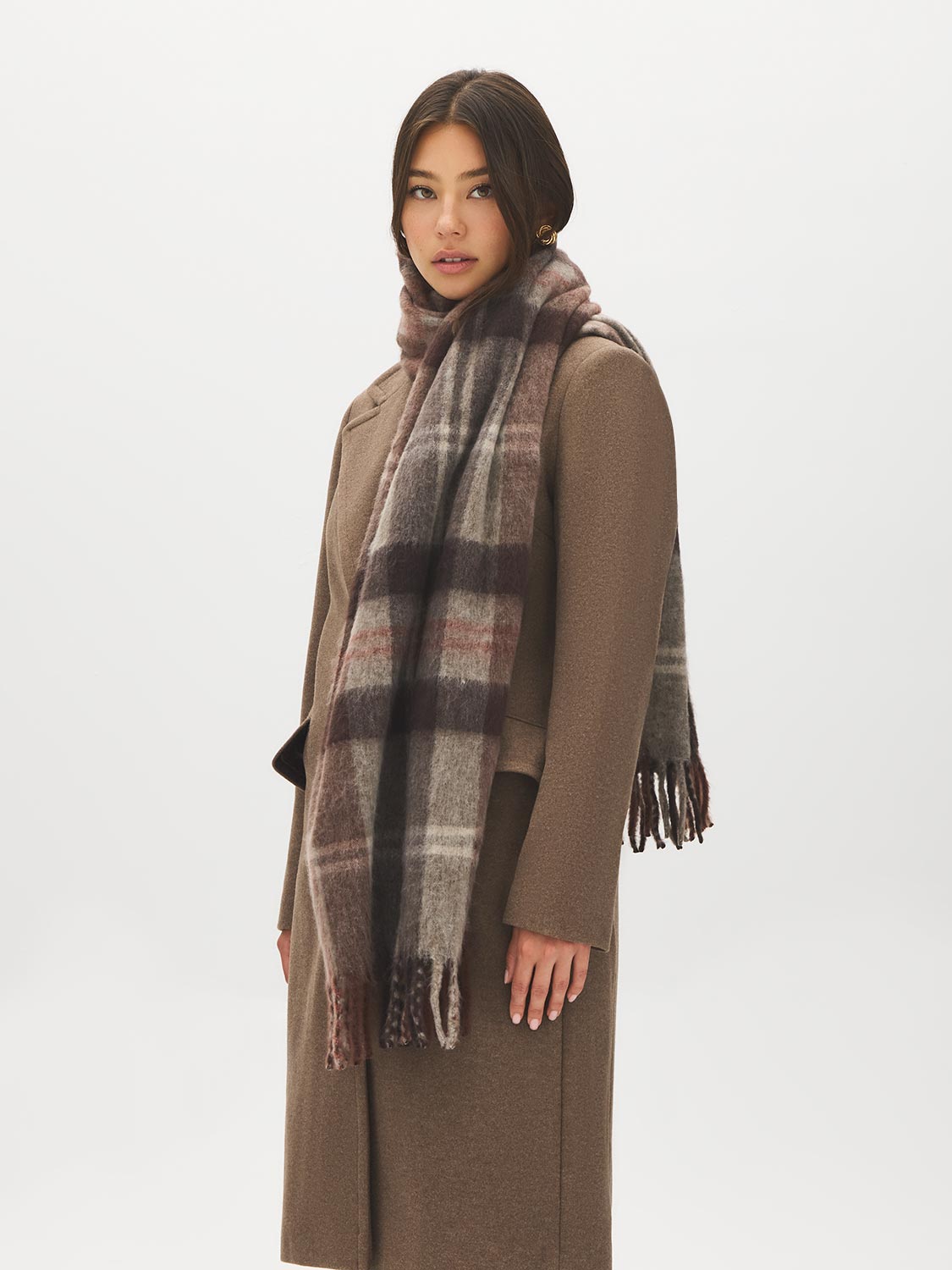 Brown Plaid Brushed Scarf with Fringes - Woman Wearing Cozy Plaid Scarf - Suzy Shier