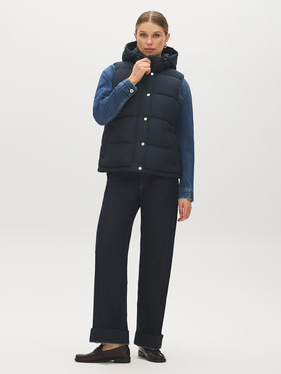 Navy Quilted Puffer Vest with Hood - Front View - Suzy Shier