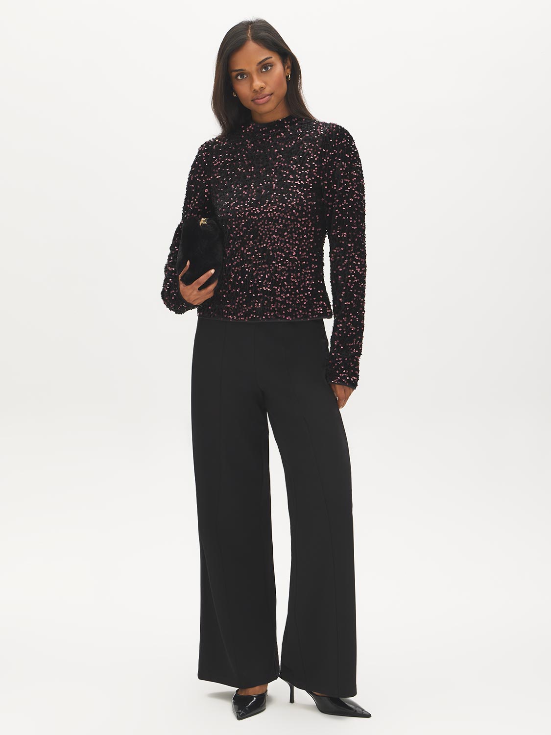 Black Purple Sequin Velvet Top with Mock Neck - Front View - Suzy Shier