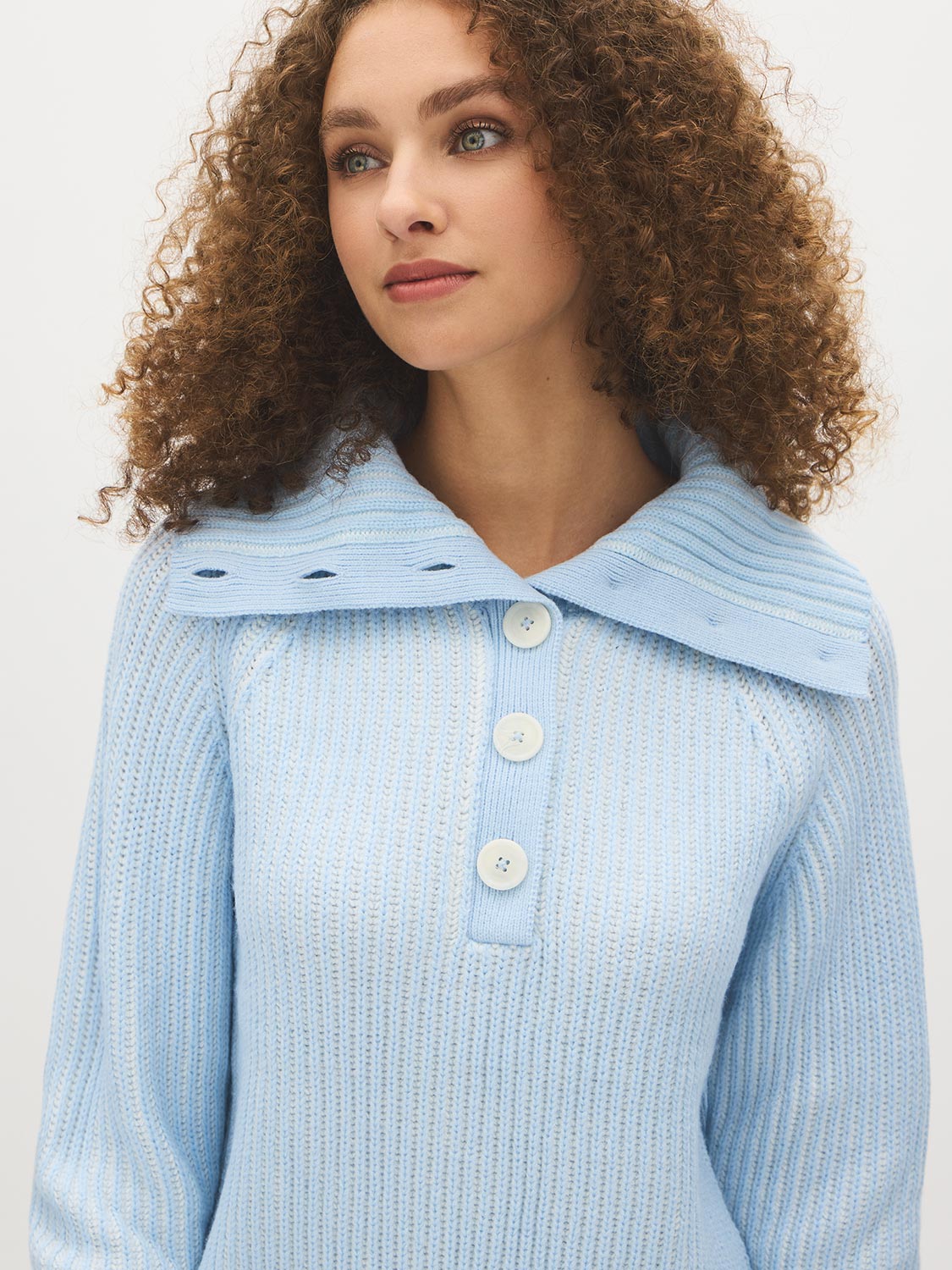 Blue Ribbed Shaker Stitch Sweater with Large Collar - Close-up Collar Detail - Suzy Shier