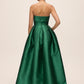 Dark Emerald Strapless Ballgown with Pleat Detail - Back View - Le Chateau