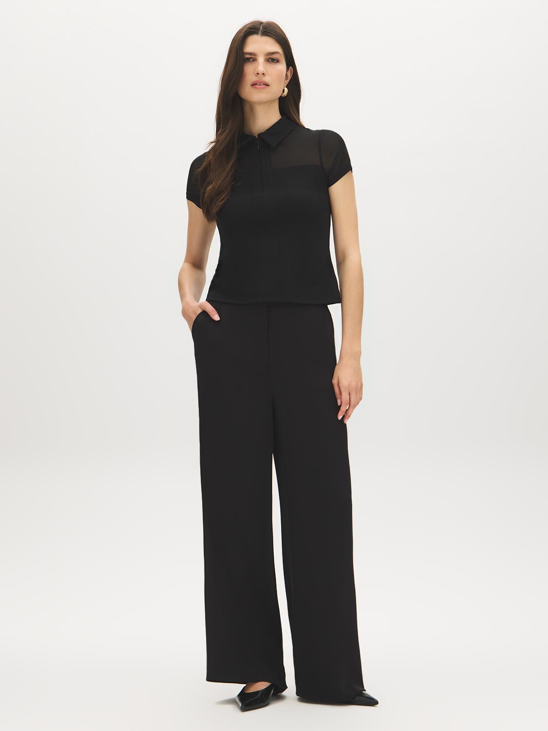 Black Mesh Yoke Johnny Collar Top - Front View - Suzy Shier