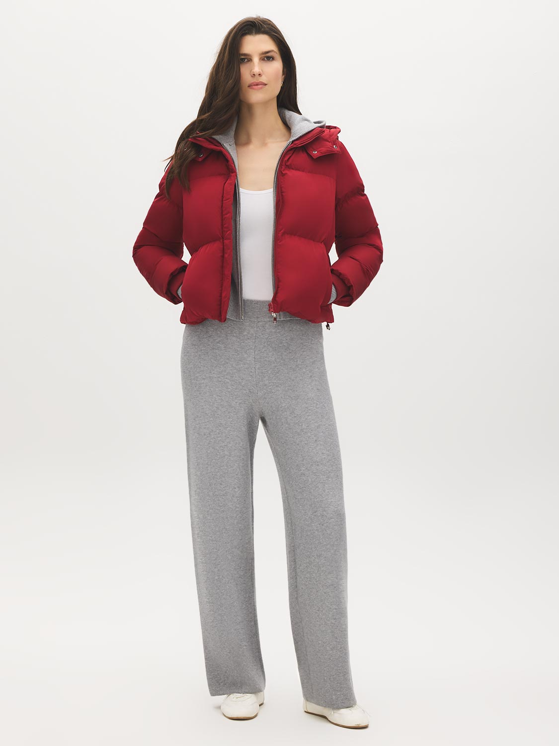 Lipstick Short Puffer Jacket with Hood - Front View - Suzy Shier
