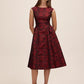 Lipstick Red/Black Jacquard Floral Fit & Flare Dress - Woman Wearing Sleeveless Dress with V-Back - Le Chateau