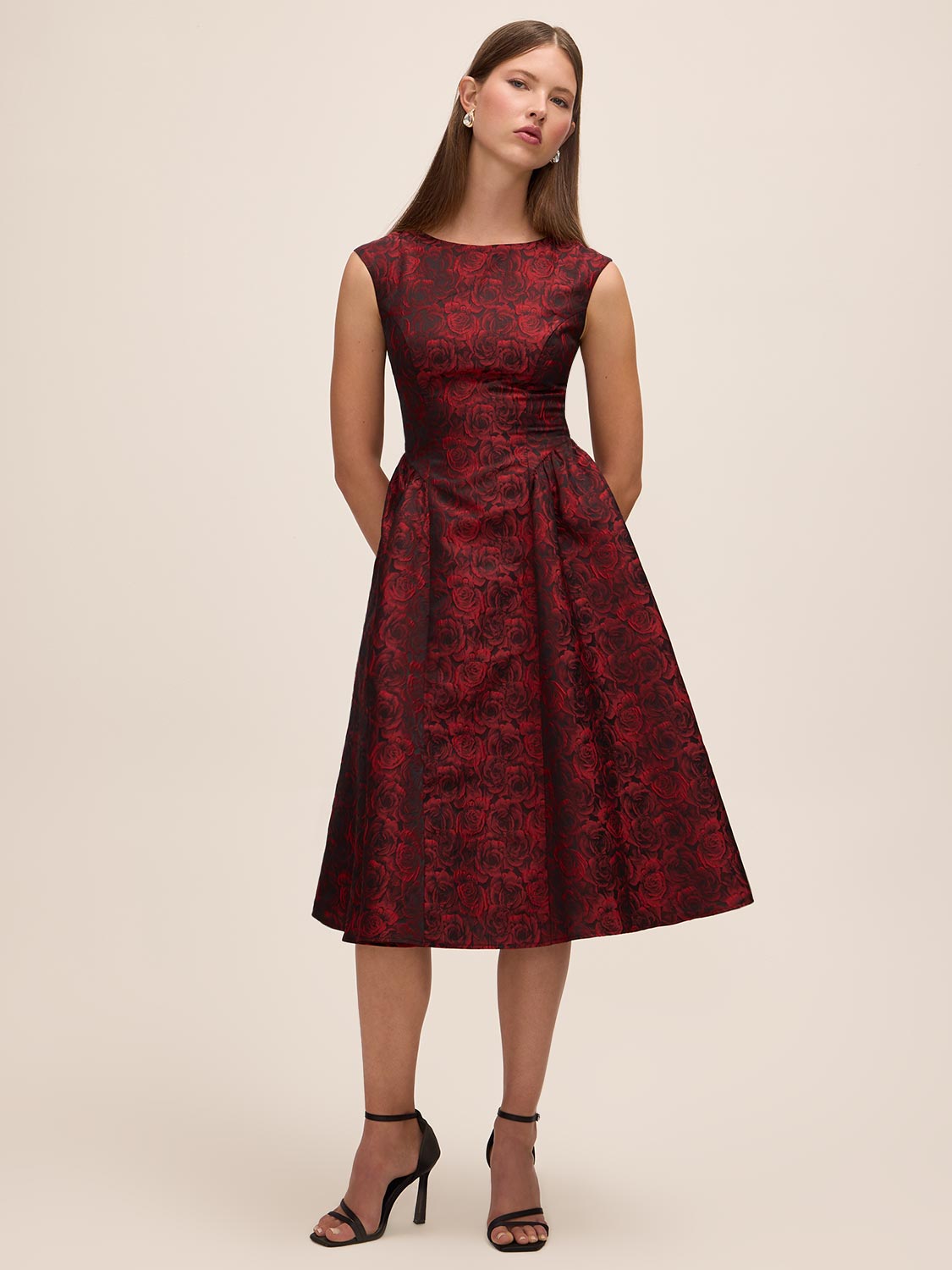 Lipstick Red/Black Jacquard Floral Fit & Flare Dress - Woman Wearing Sleeveless Dress with V-Back - Le Chateau