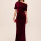 Burgundy Velour Gown with Asymmetrical Neckline - Woman Wearing Elegant Evening Dress - Le Chateau